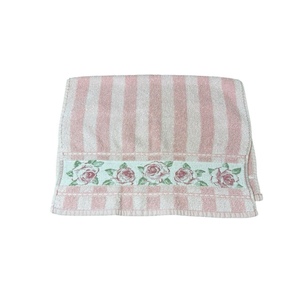 Vintage Hand Towel Pink Stiped Flowers Floral Roses Single Guest Towel Decor